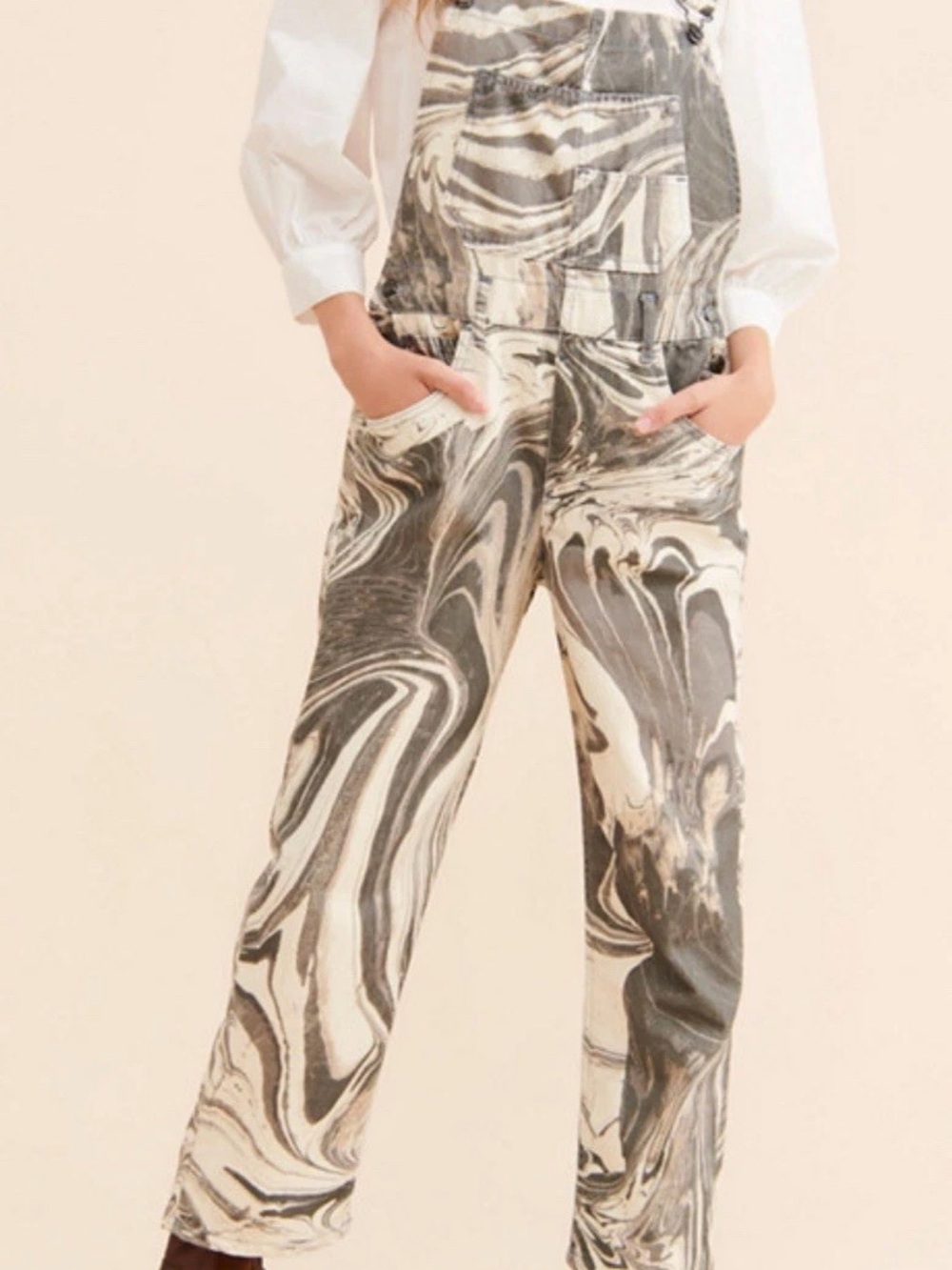 We The Free People Ziggy Marble-Swirl Overalls in Taupe & Cream Size XLarge - Picture 3 of 12
